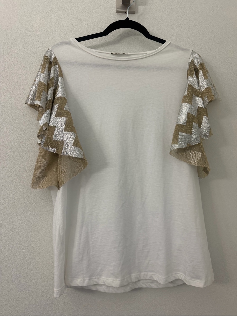 Motel Women's Tee with Gold Chevron Flutter Sleeves